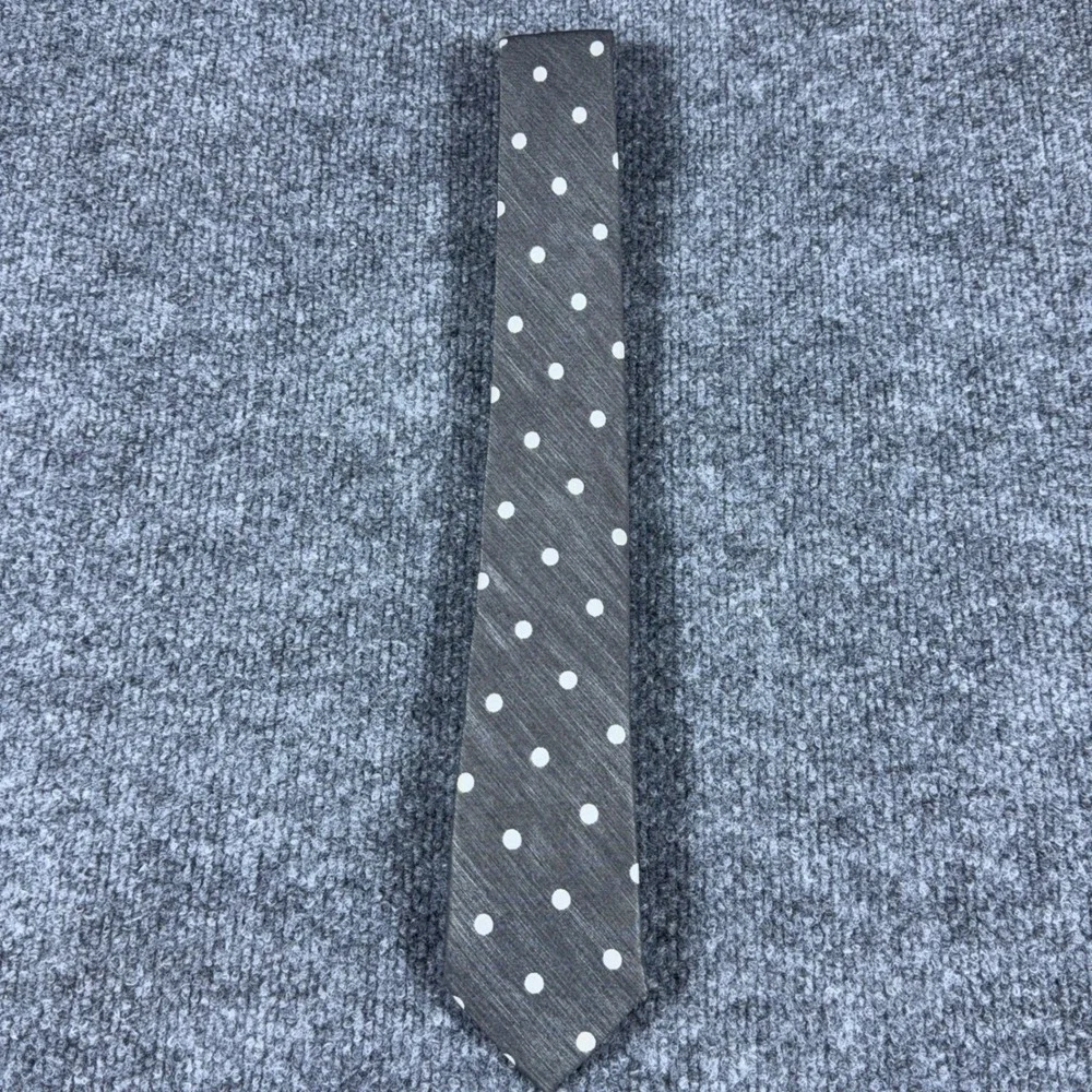 Express Mens Necktie Charcoal Gray White Polka Dot Textured Slim Silk Blend Tie